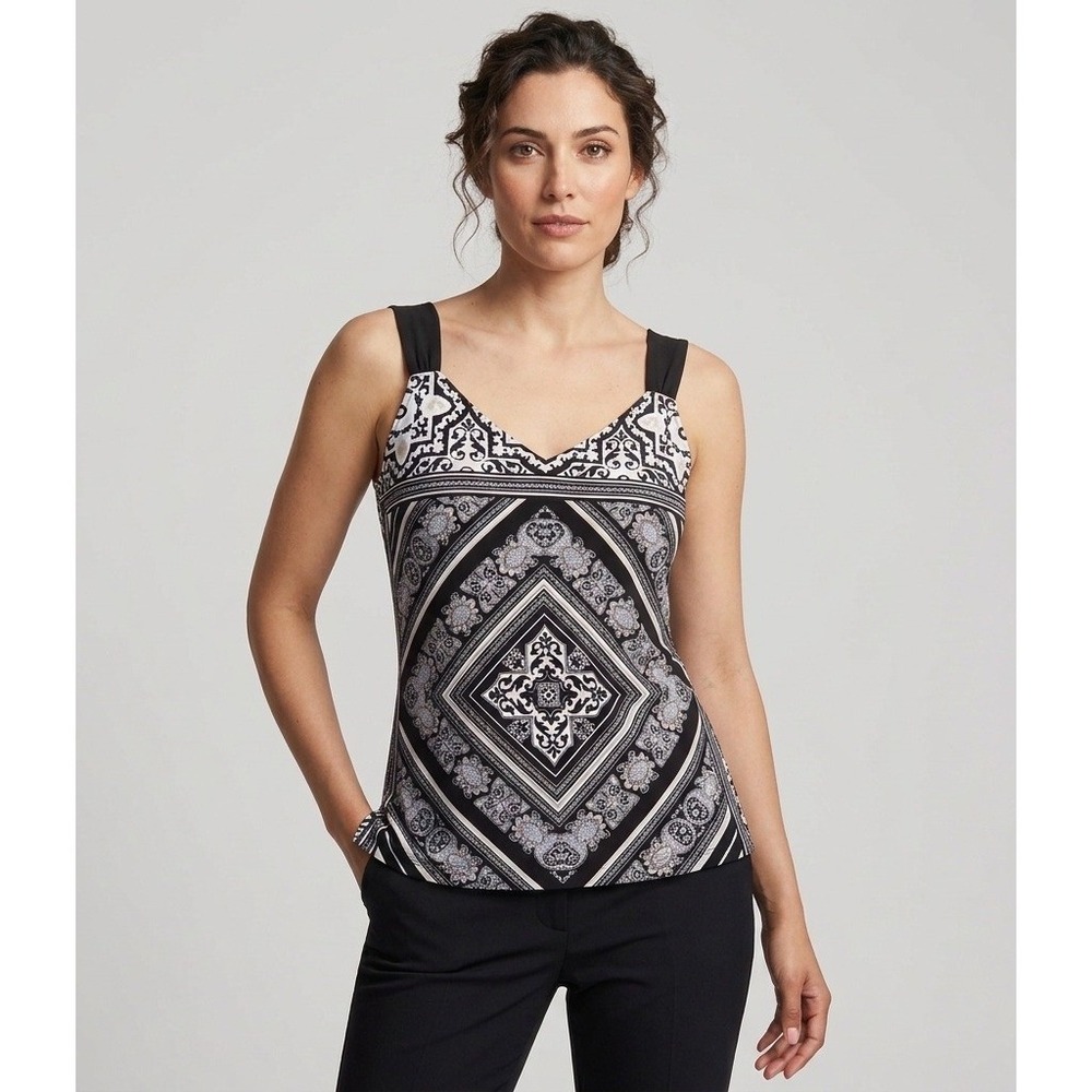 White House Black Market Medallion Scarf Print Tank Top V-Neck Black Medium